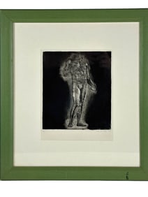 20th C Male Nude Study Black White Etching SIGNED
