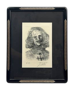 Salvador Dali 1904-1989 Black White Etching SIGNED: Salvador Dali (Spanish, 1904-1989) black and white etching on paper. Features a portrait of Velazquez (from the Spanish Immortals Series). Pencil signed in the plate. Presented in a black colored fram