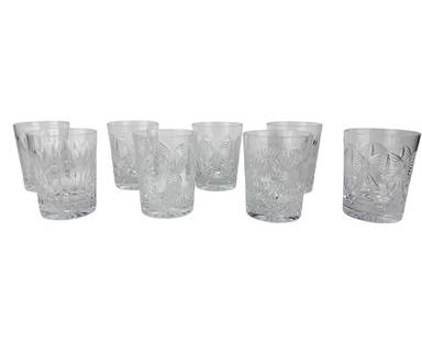 Waterford Millennium Series Whiskey Glasses 8p LOT: Estate lot of a total of eight (8) Waterford clear crystal art glass bar barware Double Old Fashioned glasses. Feature the Happiness, Love and Prosperity patterns released in 2000 celebrating the mill