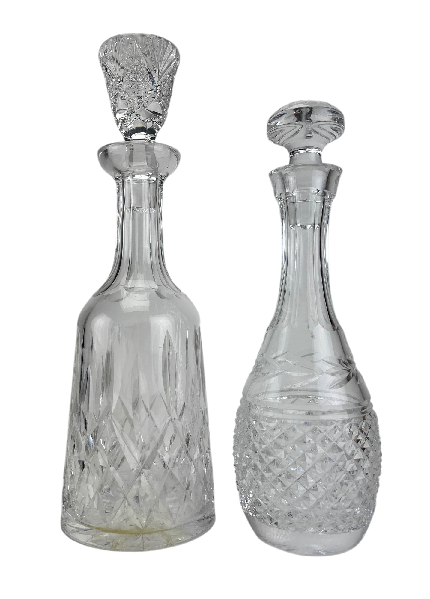 Waterford Crystal Lismore & Glandore Decanter LOT: Estate lot of two (2) Waterford Irish crystal art glass bar barware liquor alcohol wine spirit decanters with stoppers. Includes ~ one (1) Lismore pattern introduced in 1952. Features vertical cuts ov