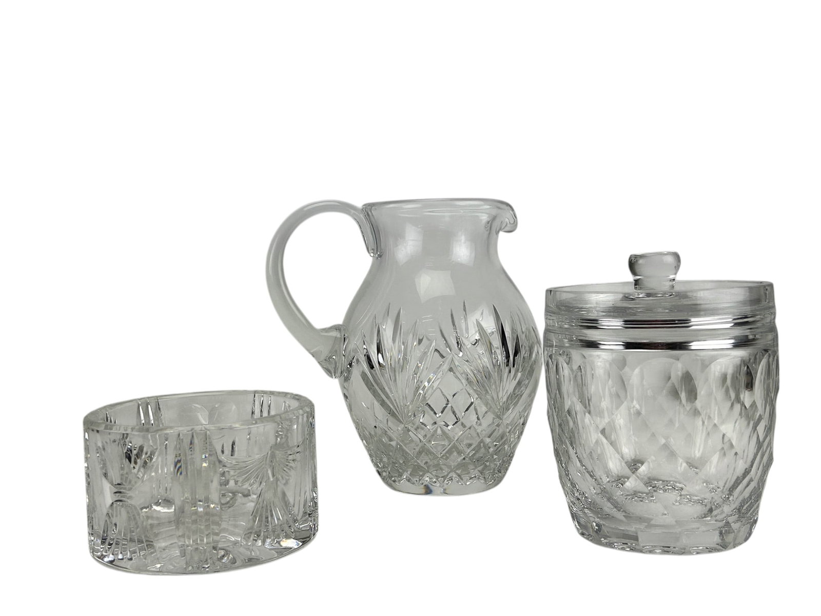 Waterford Brierley Godinger Crystal Jug Jar 3p LOT: Estate lot of a total of three (3) clear crystal art glass kitchen / dining table objects. Includes ~ one (1) Brieley covered jar with geometric quilted pattern, one(1) Waterford Millennium series win