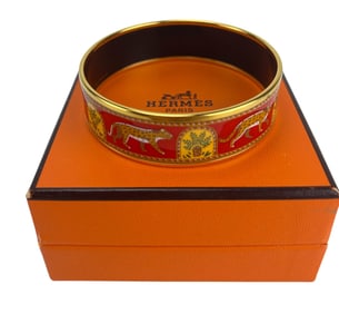 Hermes Leopard & Tree Enamel Designer Bangle w Box