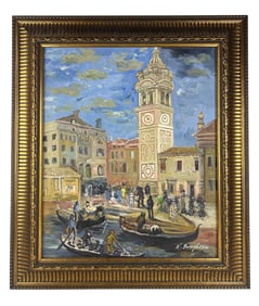 Venetian Figural Canal Scene Oil Painting SIGNED