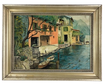 European Waterfront House Boat Oil Painting 20C