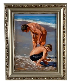 Figural Beachscape Oil on Board Painting SIGNED