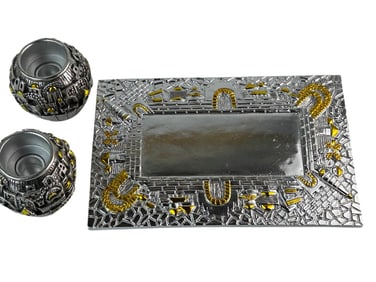 Jewish Judaica Jerusalem Candleholder Pr w/ Tray