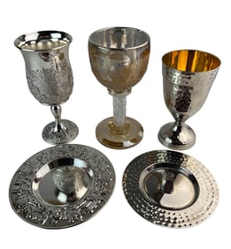 Jewish Judaica Silverplate Crystal Goblet Dish 5pc