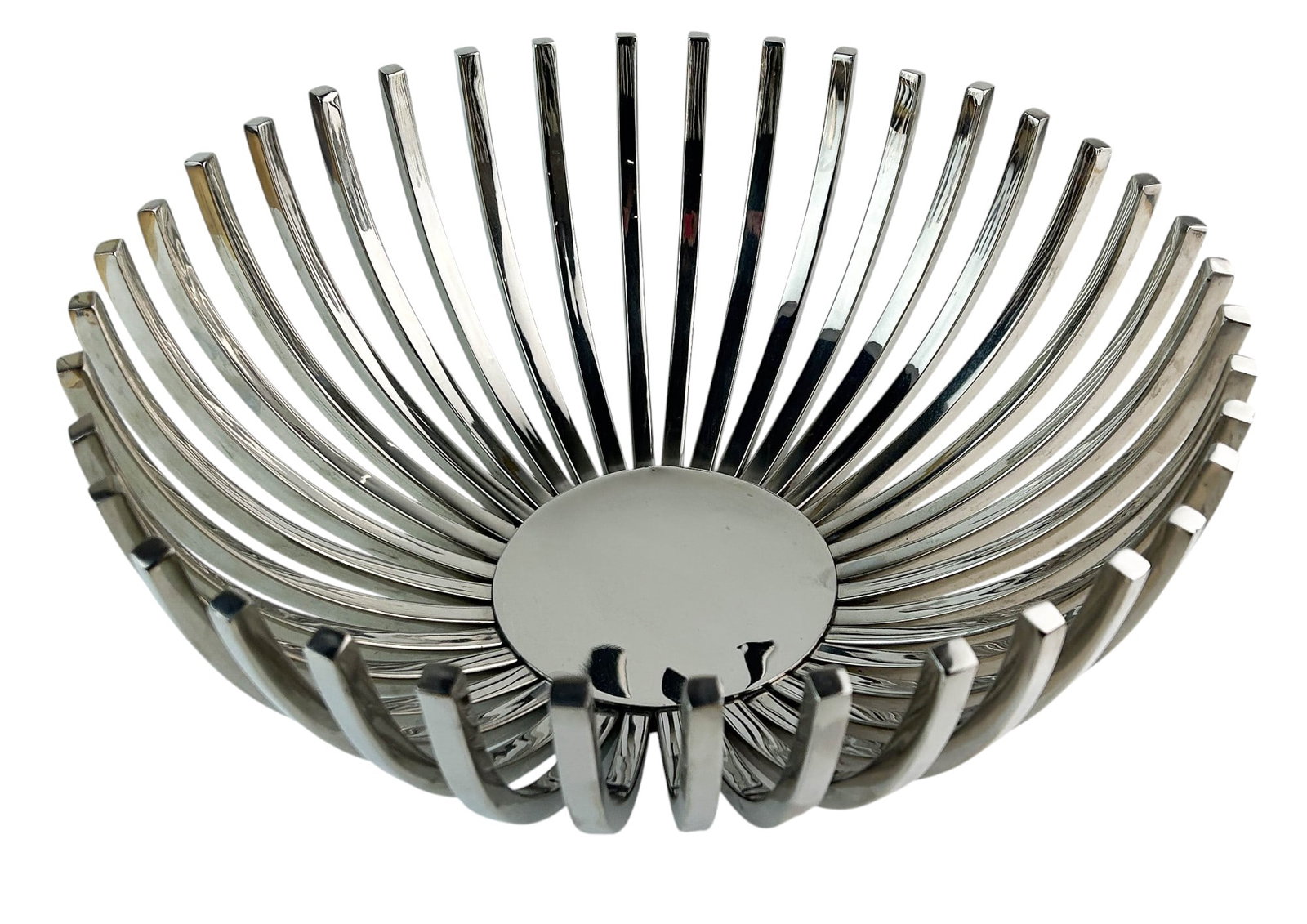 Stainless Flare Ribbed LARGE Fruit Serving Bowl: Large stainless steel fruit bowl featuring a flared ribbed design with open slat construction. Round form with a solid base. Smooth high mirror polished finish. Marked “Impulse!” on the unders