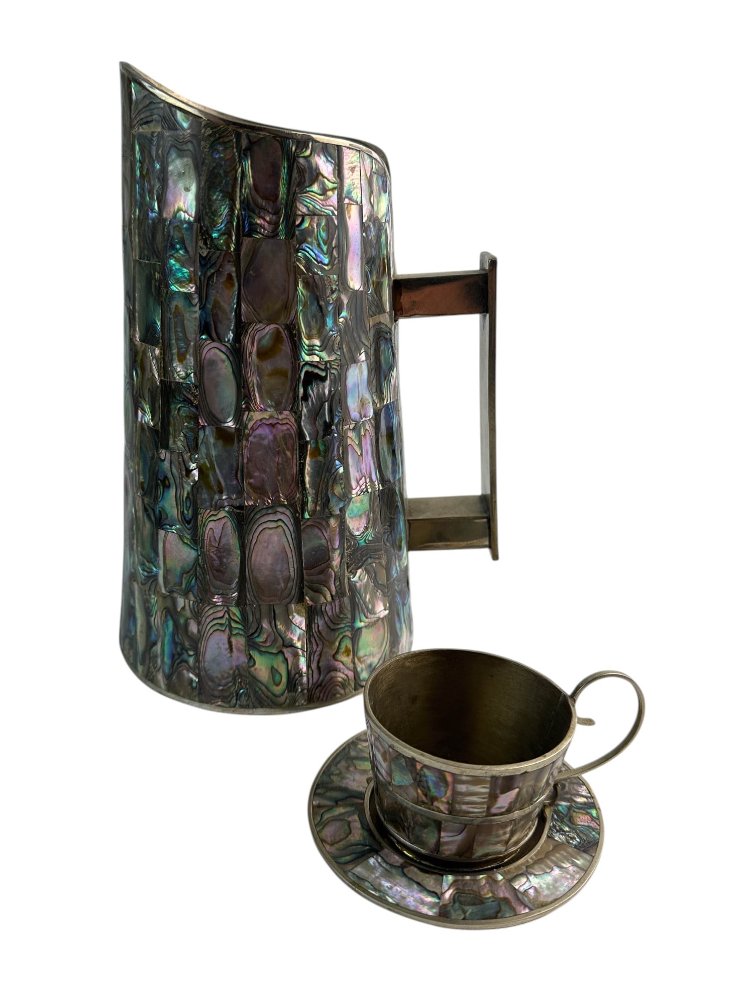 Mexico Silverplate Abalone Pitcher Cup Saucer LOT (1 of 7)