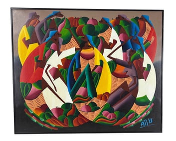 Haitian Folk Art Market Place Oil Painting SIGNED