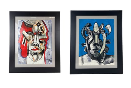 Roldan West 20C Abstract Portrait Paintings 2p LOT