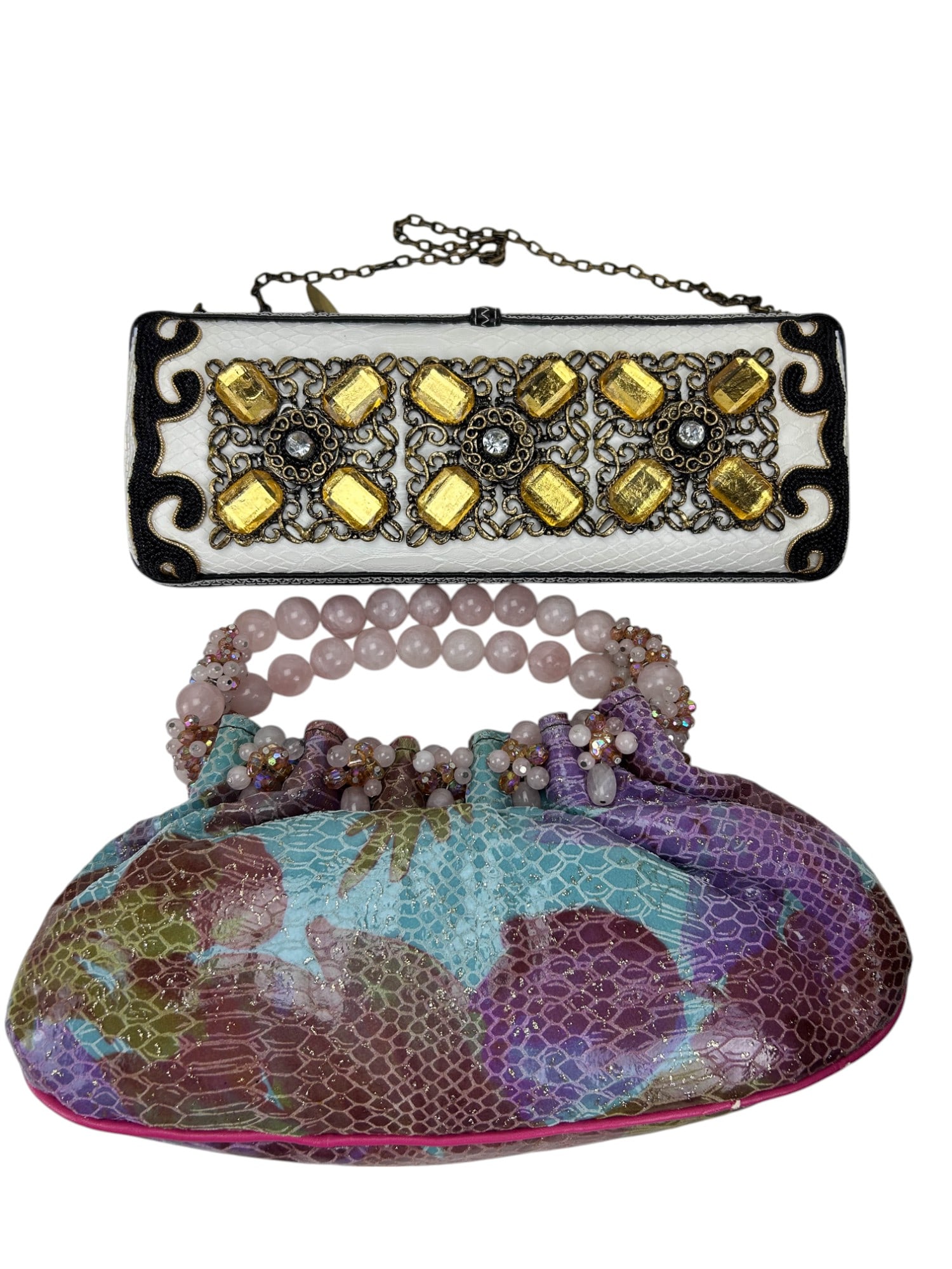 Mary Frances Snakeskin Gemstone Beaded Handbag LOT: Mary Frances ~ celebrated fashion designer and entrepreneur known for her handcrafted jeweled and beaded hand bags. Lot of two (2). Includes ~ one (1) one clutch style handbag with multicolor faux sna