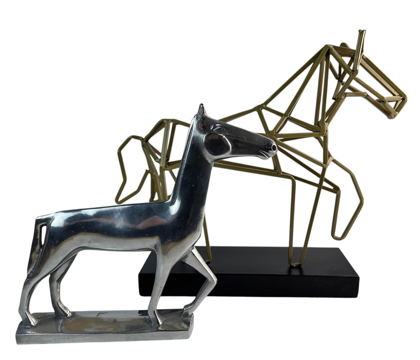 Mid Century Brutalist Equestrian Metal Sculpture: Studio artisan hand crafted sculpture with a dull gold finish. Composed of fused metal rods forming a geometric inspired stallion mustang horse, mounted on a rectangular black metallic base. No appare