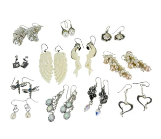 Sterling Gemstone Opal Pearl Earrings 12 Pairs LOT