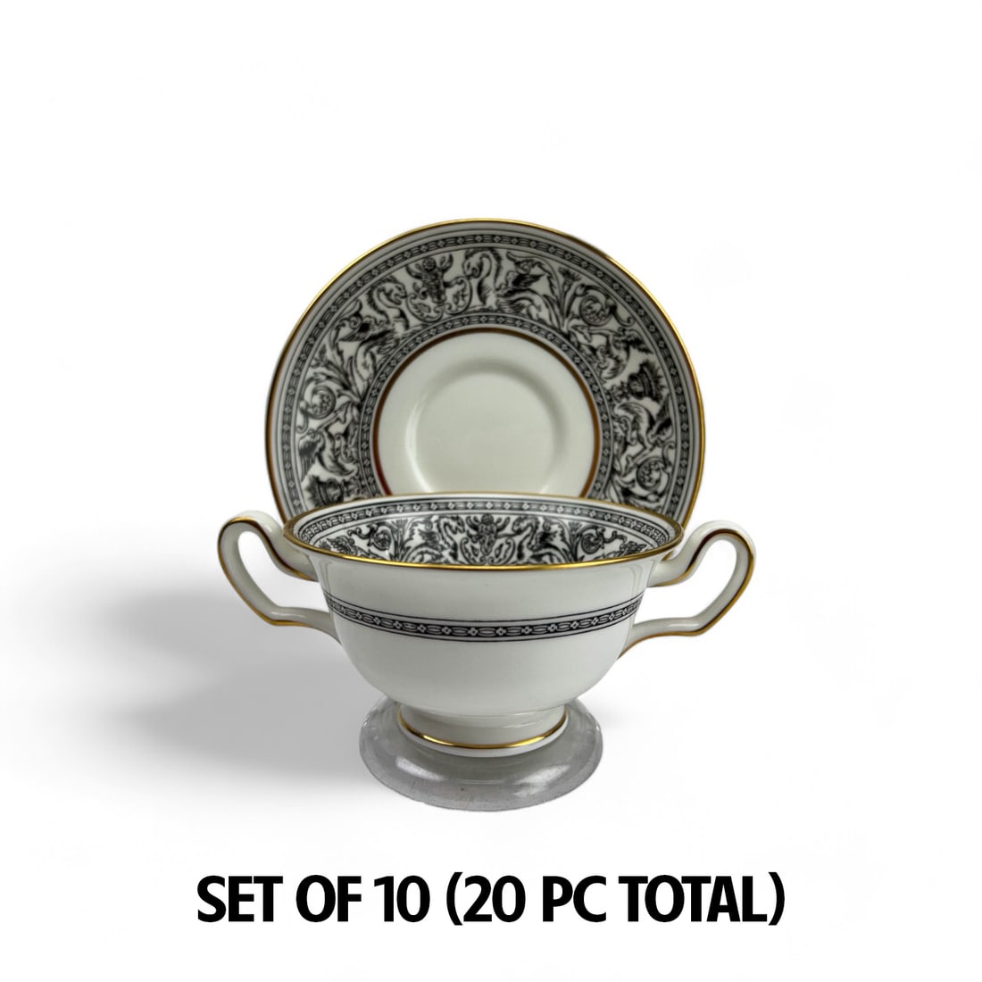 Wedgwood Florentine Black Cream Soup Bowl 20pc LOT: Estate lot of a total of ten (10) footed cream soup bowls and ten (10) saucers (total of twenty) pieces. Crafted from English bone china by Wedgwood in their Florentine Black (Black Dragons) pattern.