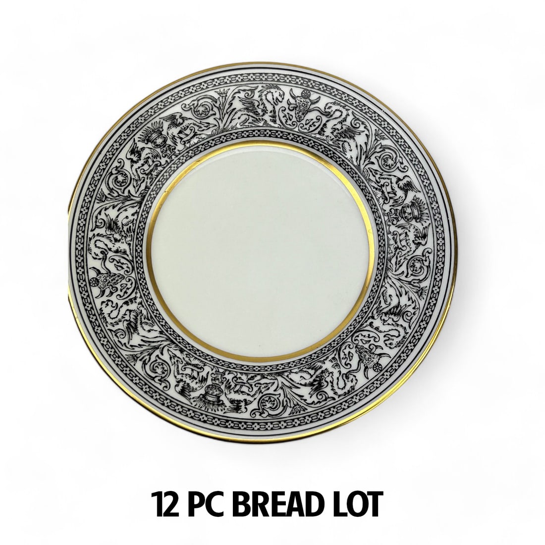 Wedgwood Florentine Black Dragon Bread Butter 12pc: Estate lot of a total of twelve (12) bread and butter B&B plates. Crafted from English bone china by Wedgwood in their Florentine Black (Black Dragons) pattern. Production years : 1959 - 1997. Meticul