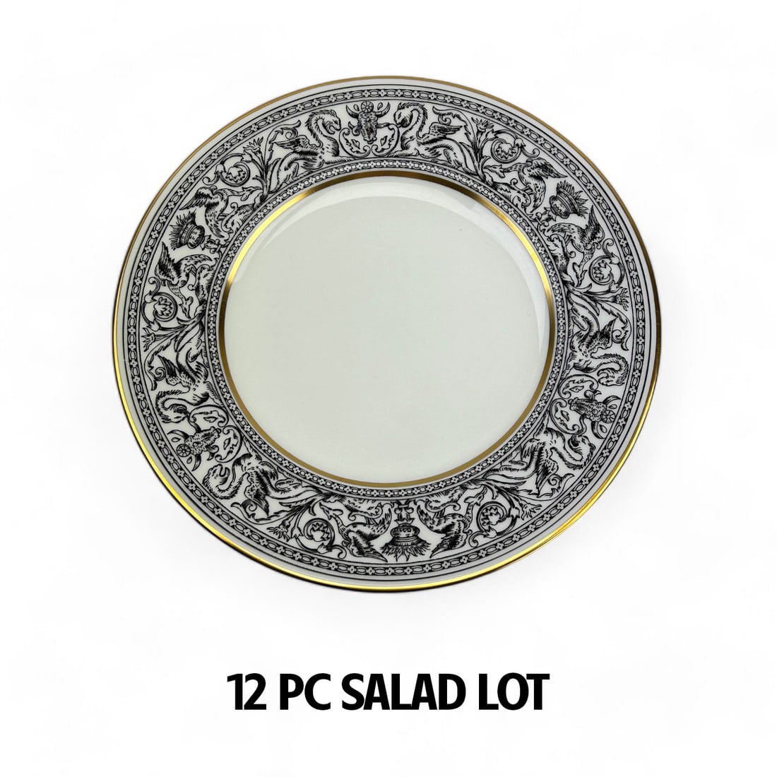 Wedgwood Florentine Black Dragon Salad Plate 12pc: Estate lot of a total of twelve (12) salad plates. Crafted from English bone china by Wedgwood in their Florentine Black (Black Dragons) pattern. Production years : 1959 - 1997. Meticulously decorated