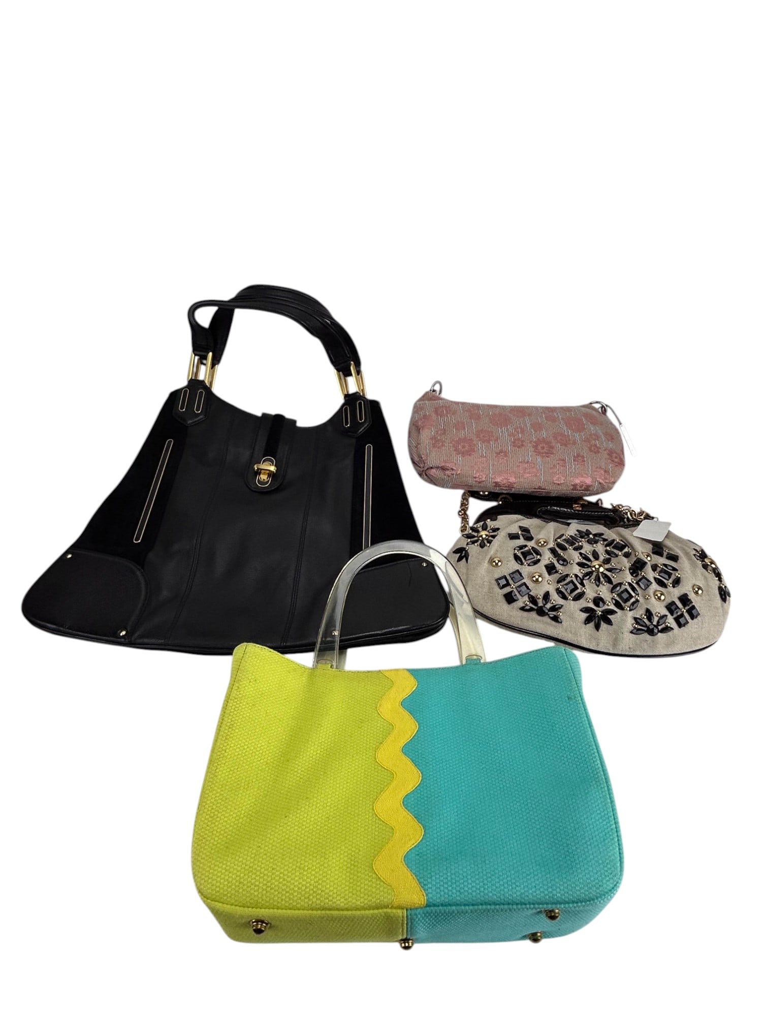 Rafe, Elliot Luca, Jill Stuart, Citrus Handbag LOT: Estate group of four hand bags purses. Includes ~ one (1) two tone aqua and lime green Citrus tote with acrylic handles, one (1) Elliot Luca pink and blue brocade mini bag with pink chain strap, one (