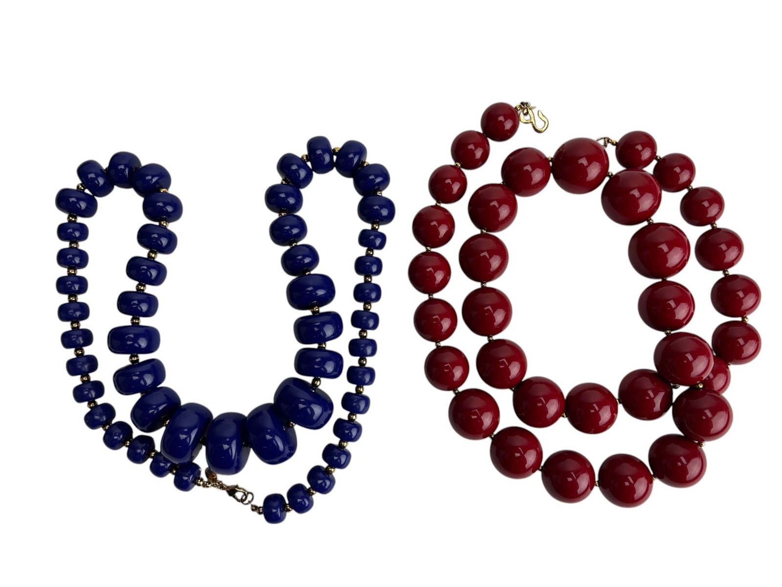 Kenneth Lane Designer Graduated Necklaces 2pc LOT: Kenneth Jay Lane KJL (American, 1932-2017) ~ renowned fashion jewelry designer, world renowned for dressing the stars. Includes ~ One (1) necklace that features bold red round beads with gold tone spa