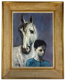 Sher 20C. Boy w/ Horse Figural Equestrian Painting