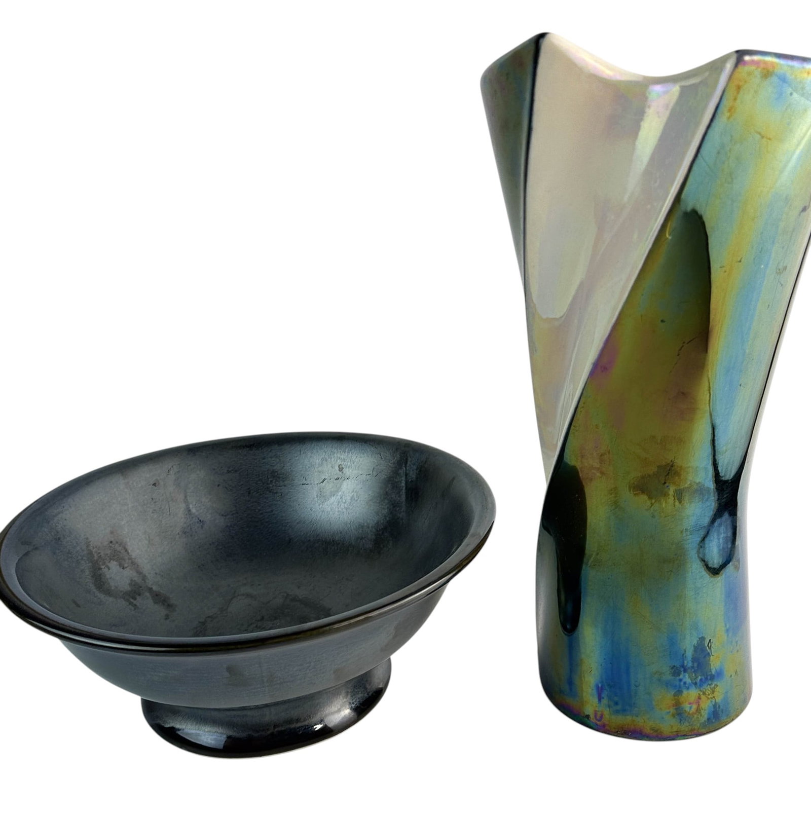 Verceram Mid Century Ceramic Vase & Footed Bowl 2p: A two piece studio hand crafted ceramic pottery lot that includes ~ One Verceram ceramique (1940-1971) mid century modern vase with iconic iridised pearl and blue black gold iridescent finish. One gun