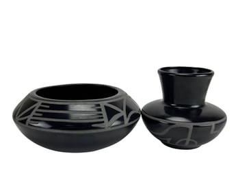 Geegi Pottery Black Sable Ceramic Vessel Bowl 2pc