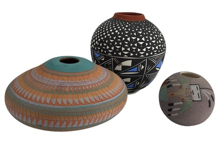 Acoma Concho & C Smith Navajo Pottery Vase 3pc LOT