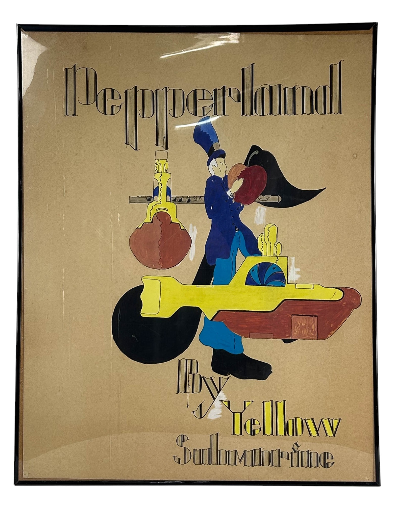 Pepperland by Yellow Submarine Hand Color Drawing: Hand colored drawing titled “Pepperland by Yellow Submarine” featuring a stylized figure in a blue uniform holding a heart while standing beside a yellow submarine. In the Beatles animated fil