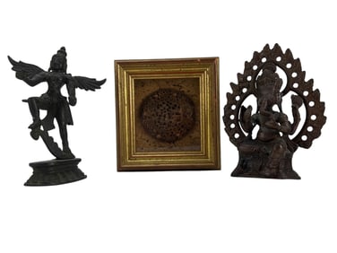 Bronze Indian Deity Gods & Carved Chinese Plaque
