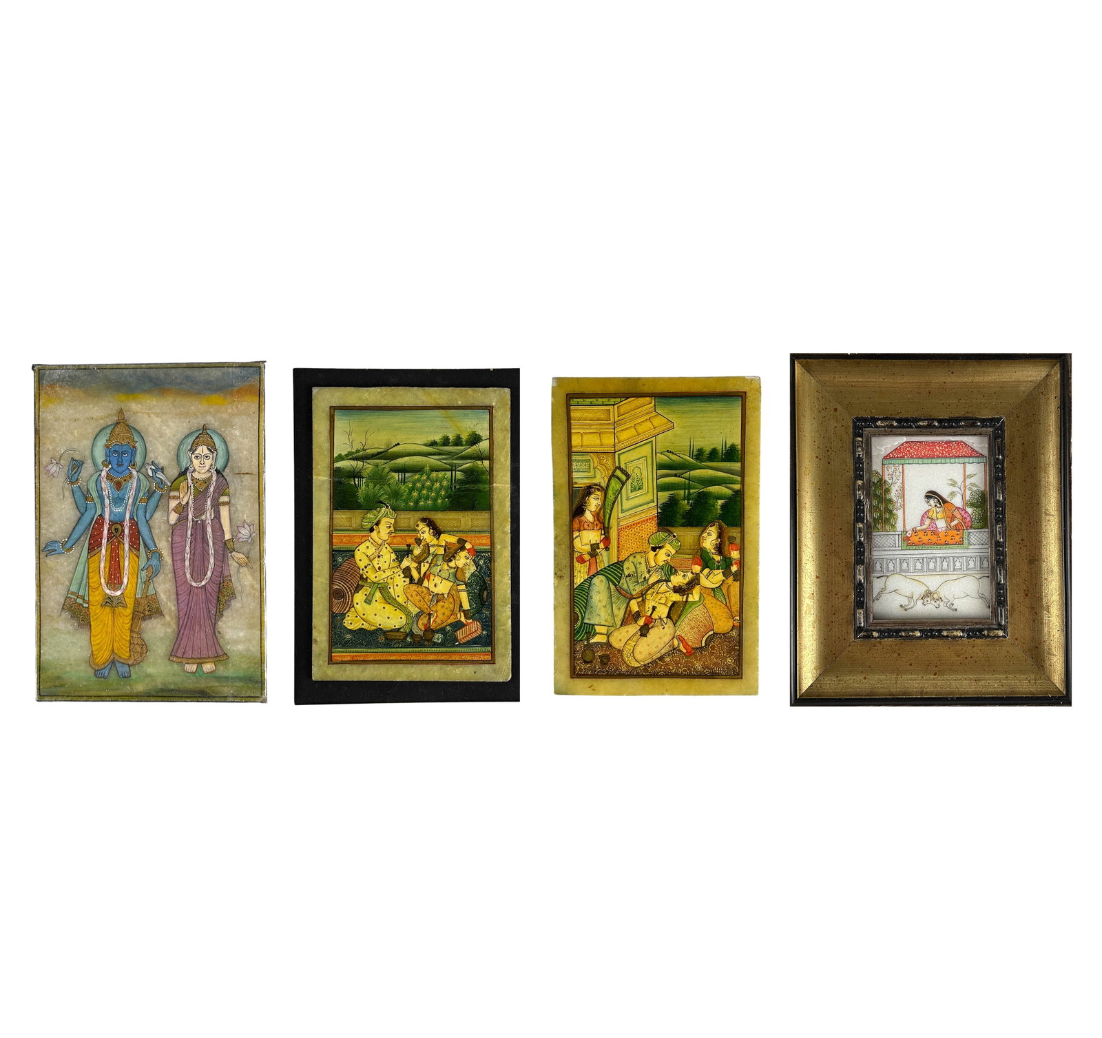 Indian Mughal Court Scene & Deity God Painting LOT: Estate lot of four Indian Mughal Court Scene and Deity God Paintings on marble depicting courtly figures, noblemen and Hindu deities. No apparent markings. Measure from 6 1/8"-4". The frame of the fra