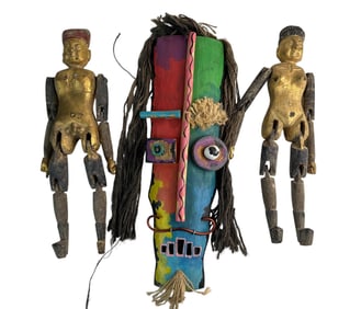 Chinese Pair Jointed Fertility Dolls & Wooden Mask