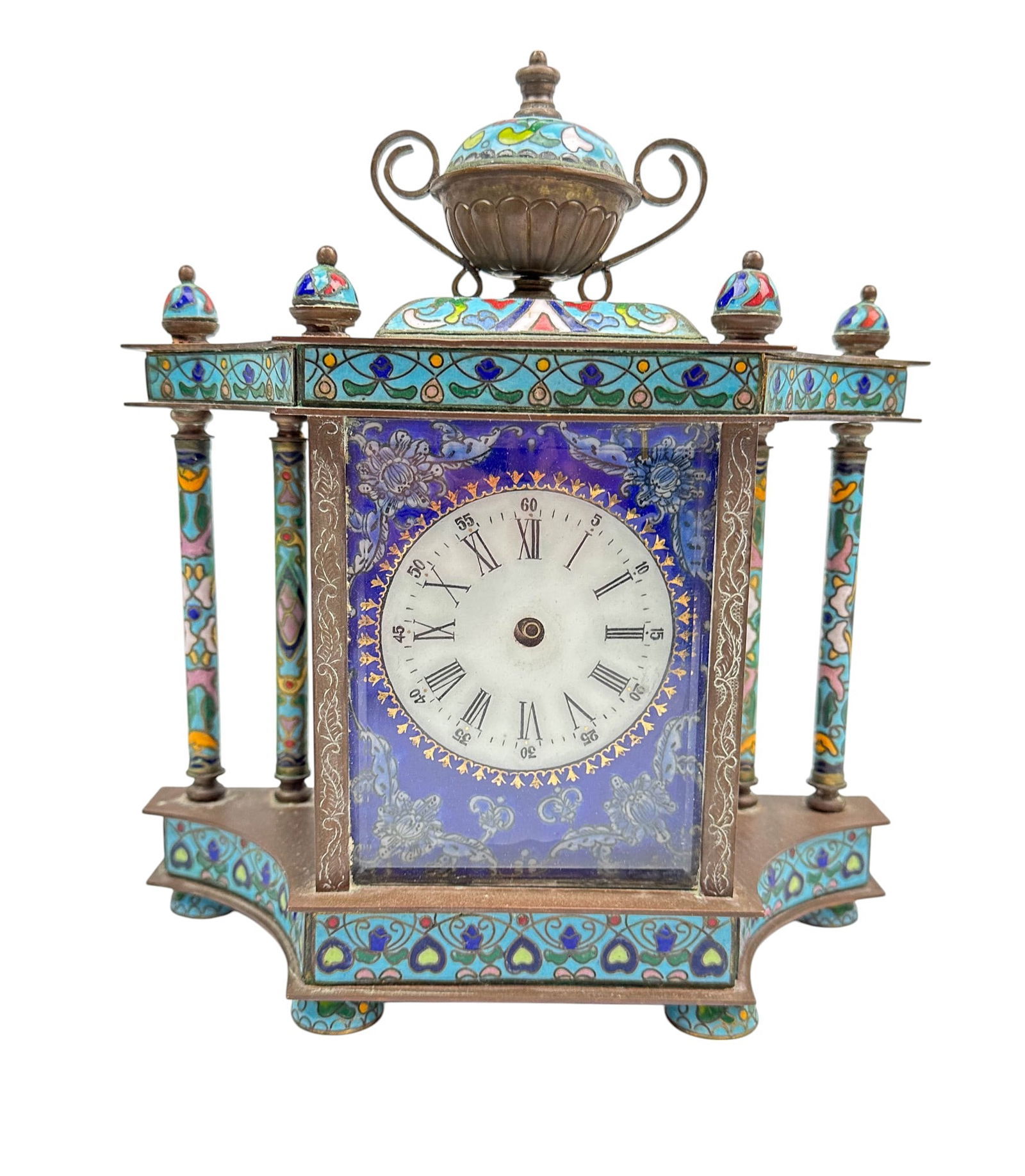 Chinese Enamel Champleve Bronze Wind Up Desk Clock (1 of 6)