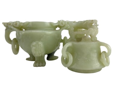 Chinese Celadon Jade Dragon Handle Incense Burner