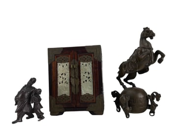 Chinese Mini Jewelry Box & Bronze Sculpture LOT 3p