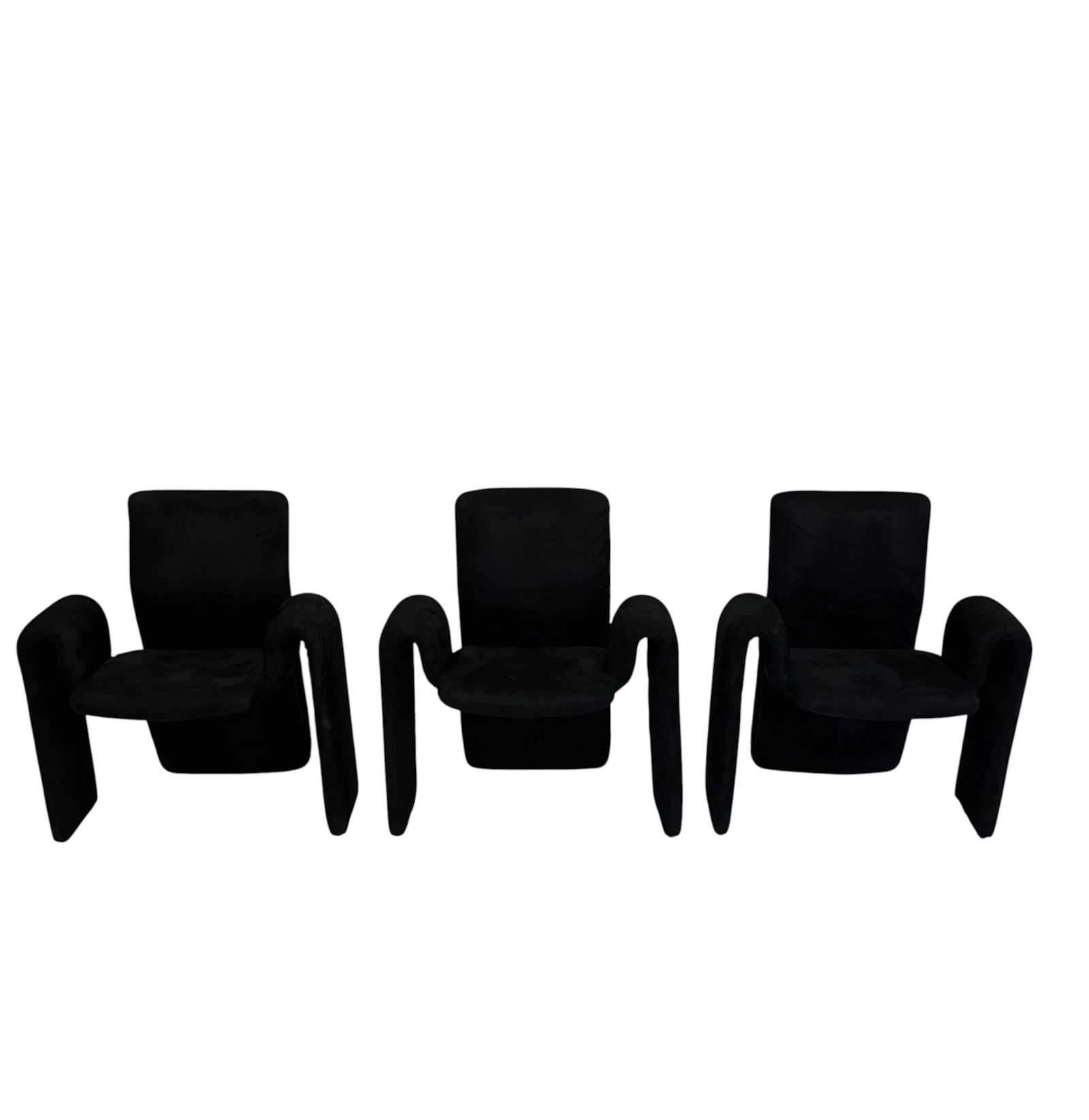 Steve Leonard Black Sculptural Armchairs Set of 3: Steve Leonard for Brayton International set of three armchairs in black suede or suede-like upholstery. The chairs have contoured armrests and geometric lines. Each chair is built for seated use and v
