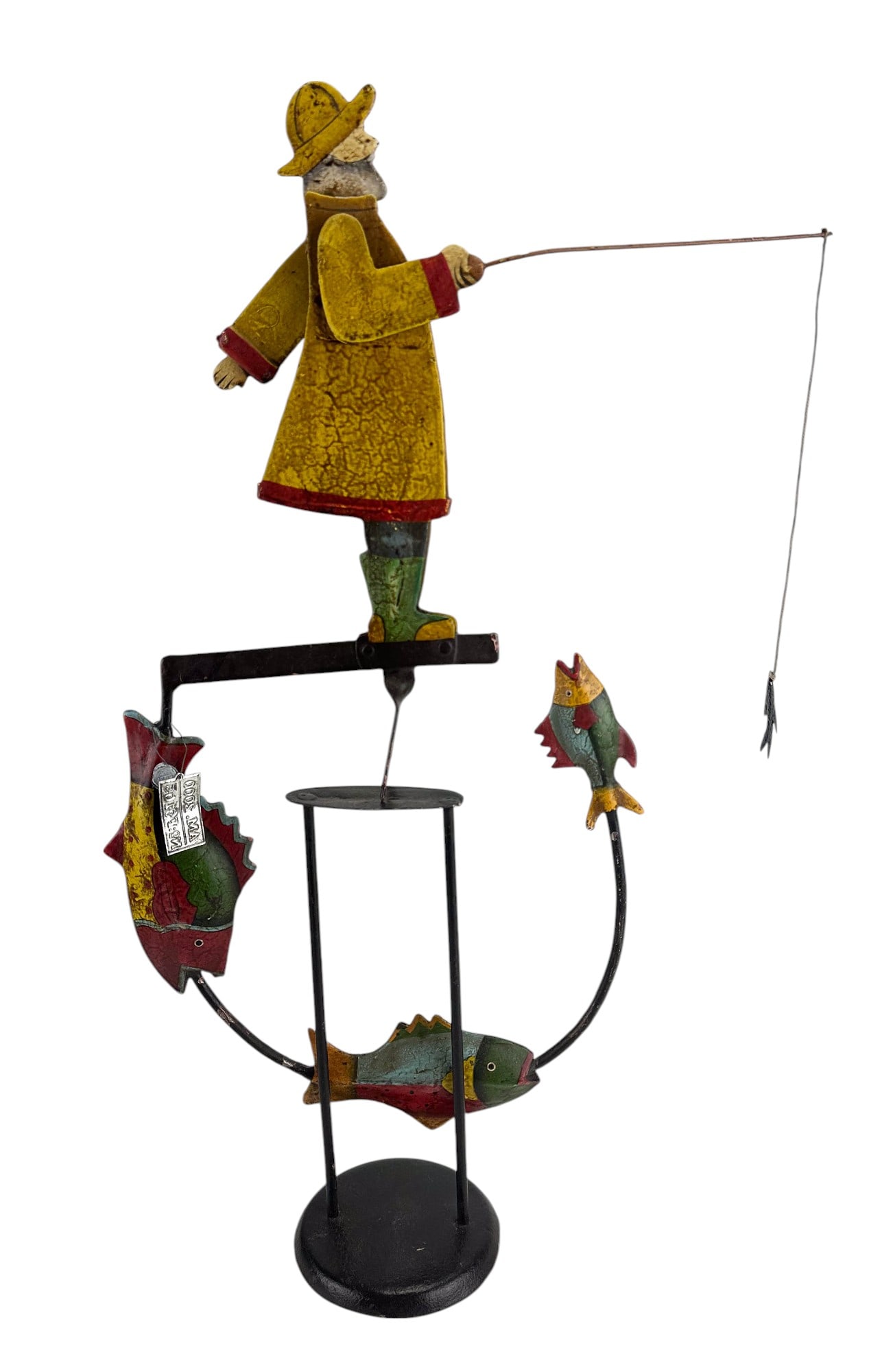 Kinetic Metal Fisherman Whirligig Metal Sculpture: Hand painted kinetic metal sculpture featuring a metal whirligig of a fisherman with fishing rod, mounted on a counterbalance mechanism that rocks the figure in motion. The composition includes painte