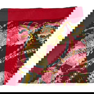 Hermes Cavaliers Des Nuaces Designer Silk Scarf: HermÃ¨s Paris luxury silk scarf titled Cavaliers des Nuages (Riders of the Clouds), designed by artist Laurence Bourthoumieux. Features a celestial equestrian fantasy scene with winged, robed horsem