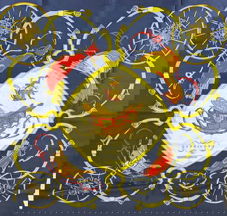 Hermes Paris Springs Silk Carriage Motif Scarf: HermÃ¨s Paris, a silk carrÃ© scarf titled "Springs," featuring an ornate central horse-drawn carriage surrounded by decorative gold harnesses and wheel crests on a rich navy blue ground. Designed