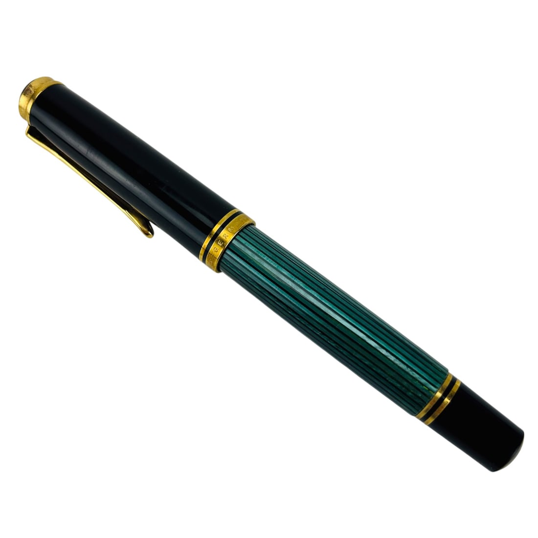 Pelikan West Germany 14K Nib Fountain Writing Pen: Vintage Pelikan West Germany fountain pen featuring a 14-karat gold nib, black resin cap and end, gold-plated trim, and a distinctive green resin barrel. Likely from the M400 or M600 series, piston-fi