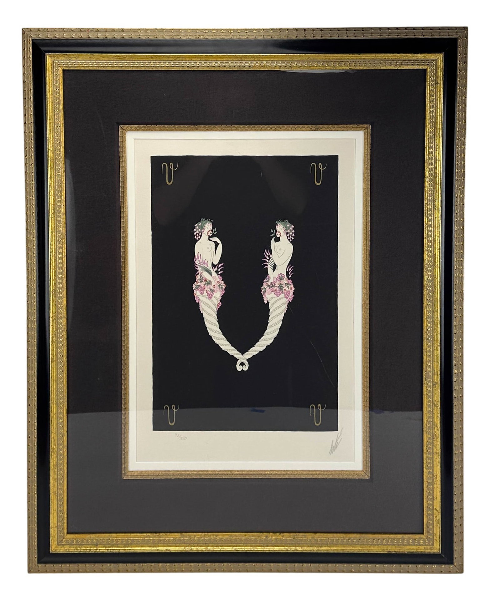 Erte 1892-1990 The Letter V Colored LE Lithograph: Erte (Romain de Tirtoff) (Russian / French, 1892 - 1990 ). Called "the Father of Art Deco for the illustrations and designs he created throughout the 20th century. Titled The Letter V. Artwork feature