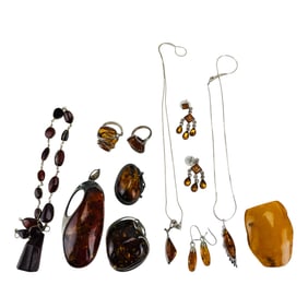 Amber & Sterling Ring Brooch Pin Necklace 149g