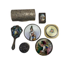 Sterling 800 Silver Porcelain Plaque Box Compact