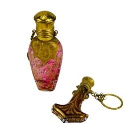 Cranberry Amber Glass gilt Enamel Scent Bottle 2pc