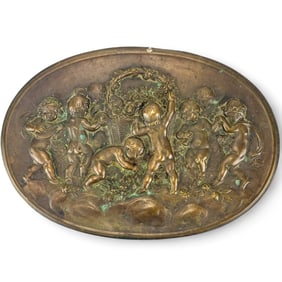 Antique Bronze Nude Cherub & Floral Oval Plaque
