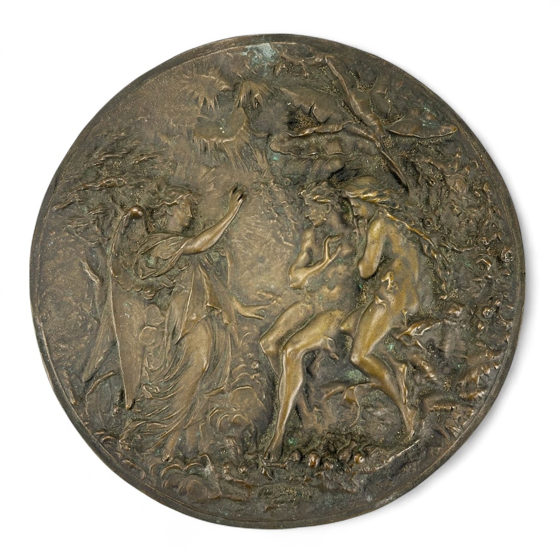 Antique Bronze Adam Eve in Garden of Eden Plaque: Late 19th early 20th century bronze plaque depicting the expulsion of Adam and Eve from the Garden of Eden. The religious themed work illustrates a biblical story showing Adam and Eve being driven out