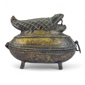 Benin Bronze Tribal Primitive Fish Hinged Box 7"