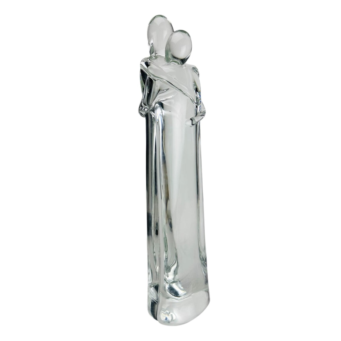 Elio Raffaeli Abstract Figural Art Glass Sculpture: Elio Raffaeli (Italian, born 1936) studio handcrafted Murano art glass sculpture in clear glass, depicting two stylized figures intertwined in a fluid, embracing posture. The minimalist yet expressive
