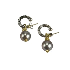David Yurman 18K Sterling & Pearl Hoop Earrings Or