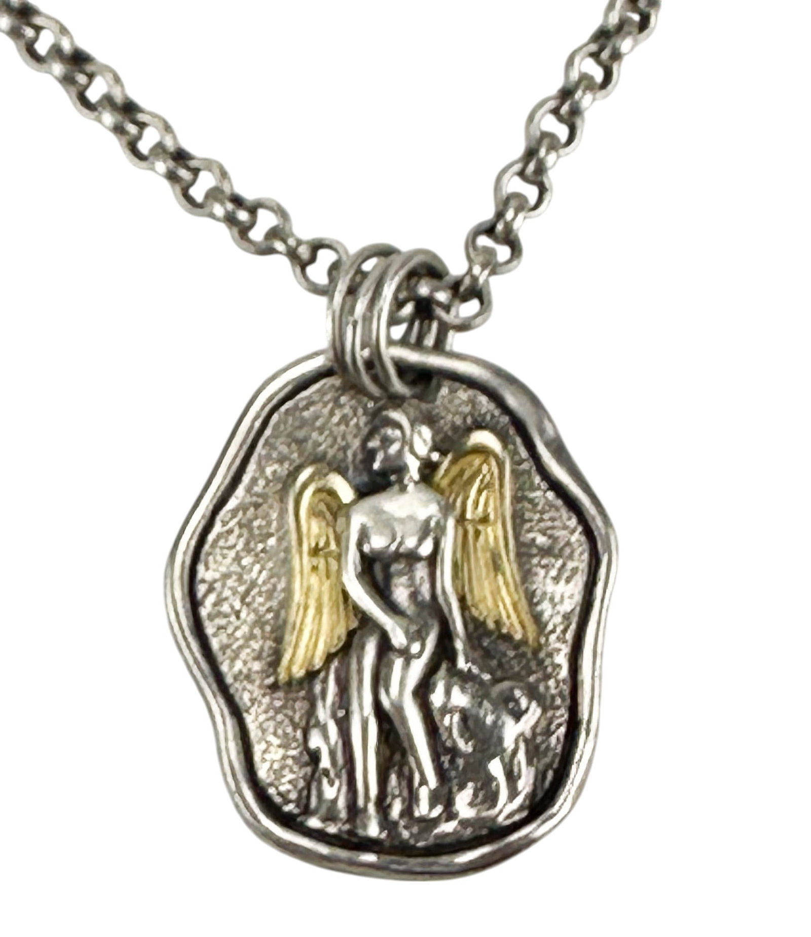 Konstantino Sterling 18K Figural Pendant Necklace: Konstantino sterling silver 925 necklace with 18K gold figural pendant. The pendant features a raised winged figure in silver with applied gold wings. The reverse of the pendant is engraved with Greek