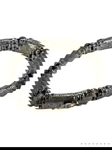 Konstantino Sterling & 18K Engraved Link Bracelet: Luxury designer Konstantino sterling silver 925 and 18K yellow gold link bracelet. Features a segmented design with engraved patterns on each panel and gold accents at select joints. The clasp is mark